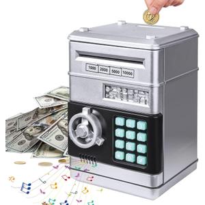 Piggy Bank for Boys Girls, Electronic Money Saving Box Cash Coin Can ATM Bank for Boys Girl Age 3 4 5 6 7 8 9 10 11 12 Birthday Toys Gifts (Silver)