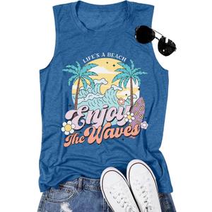 KIDDAD Beach Tank Tops for Women Summer Hawaiian Sleeveless Muscle Tanks Vacation Shirt Vest (S, Blue)