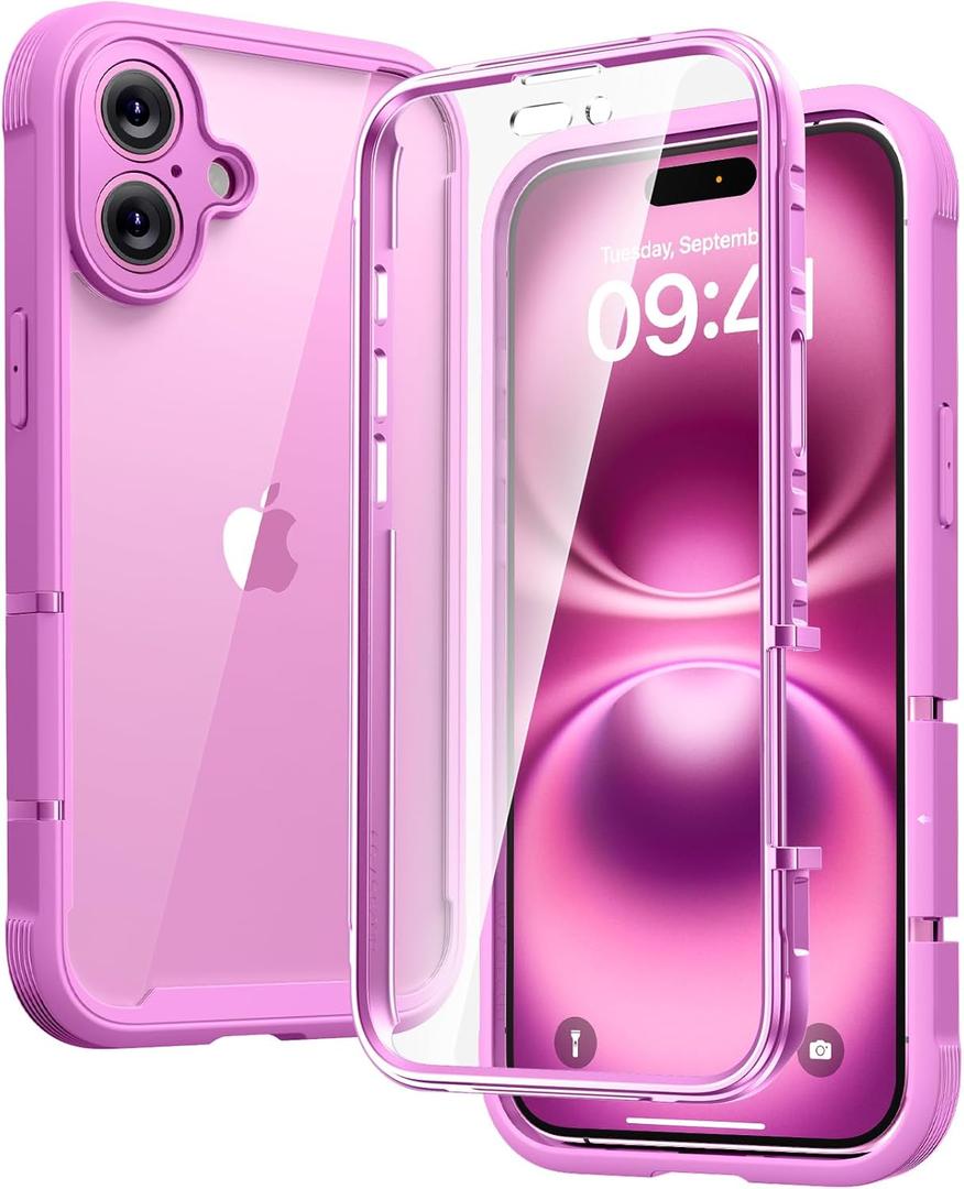 Diaclara Designed for iPhone 16 Case, Upgraded [Full Camera Protection] Full Body Rugged Bumper Case with Built-in Screen Protector, Rose Pink