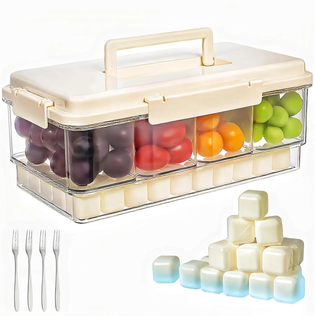 Snackle Box Container with Ice Pack-Chilled Divided Serving Tray with Lid and Handle 4 Compartments Cooling Travel Charcuterie Box with fork for Outdoor Parties, Picinics