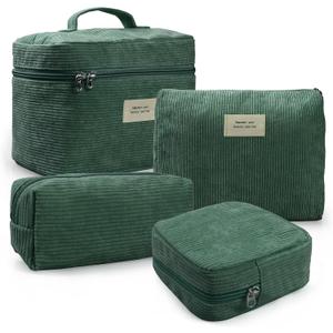 4 Pcs Makeup Bag for Women Corduroy Cosmetic Bag Aesthetic Cute Bags Multi Size Purse Pouch Travel Toiletry Bag Set Makeup Organizer with Zipper(Green)