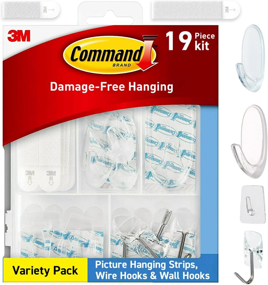 Command Clear Variety Pack, Including 8 Pairs of Picture Hangers, 4 Clear Wire Hooks and 11 Wall Hook for Hanging Home Decor, Damage-Free Hanging Up to 19 Items with Command Strips (Assorted)