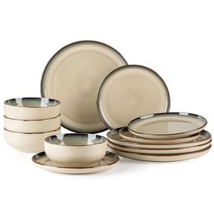 GBHOME Ceramic Dinnerware Sets for 4, 12 Pieces Stoneware Plates and Bowls Sets, Scratch Resistant Dishes, Dishwasher & Microwave Safe, Reactive Glaze-Gravel