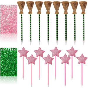 18Pcs Princess and Witch Party Favors with Star Ballpoint Star Pencil Witch Broom Ballpoints Broom Pencils Glitter Mini Spiral Notepads for Party Supplies Decorations
