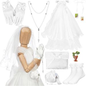Liliful 8 Pcs First Communion Veil Set for Girls Holy Communion Accessories Gifts White Bow Veils Necklace Rosary Gloves Purse Pouch Pin Catholic Scapular and Socks for Catholic Starter Wedding