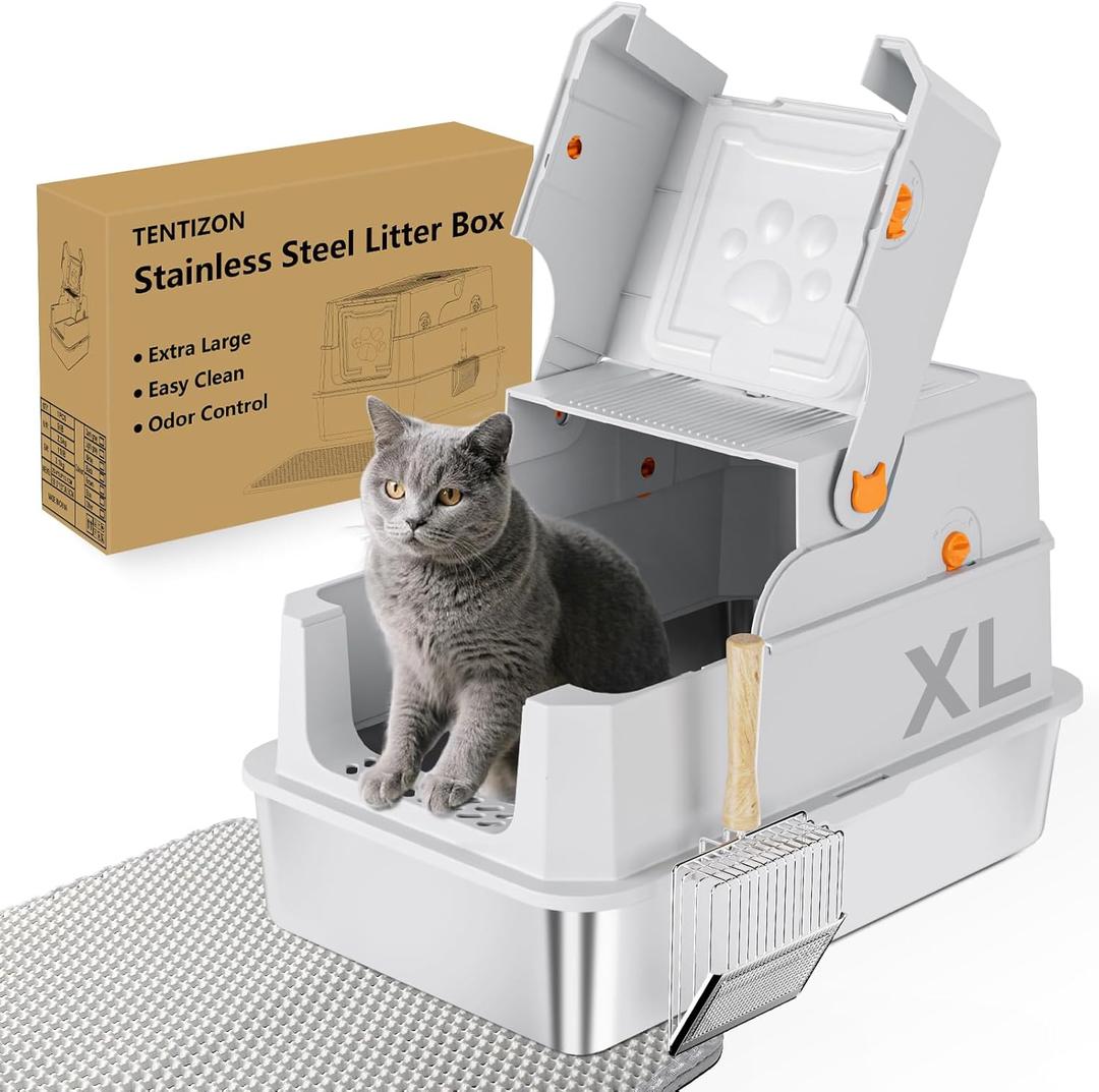 TENTIZON Stainless Steel Cat Litter Box with Lid, Large Covered Enclosed Kitty Litterbox with Hood, Flip Top, High Side, Litter Mat, Scoop for Big Cats, Kitten, No Odor, No Mess, Easy Clean, Grey