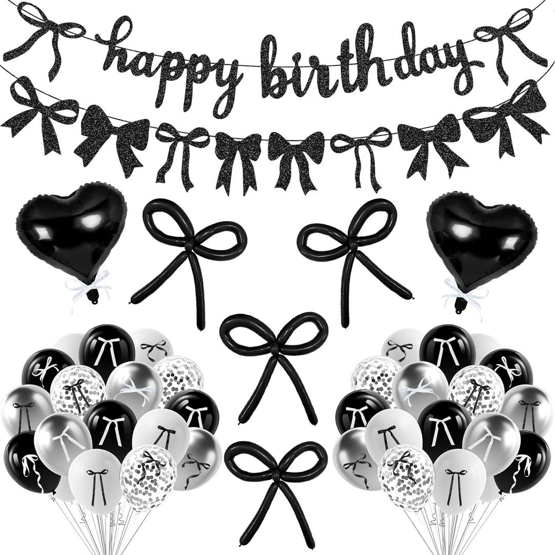 3 x 50 Pcs Black Bow Birthday Party Decorations Glitter Black Happy Birthday Banner Bow Garland Heart Balloons Girls Bow Themed Party Decor for Women Birthday Party Supplies