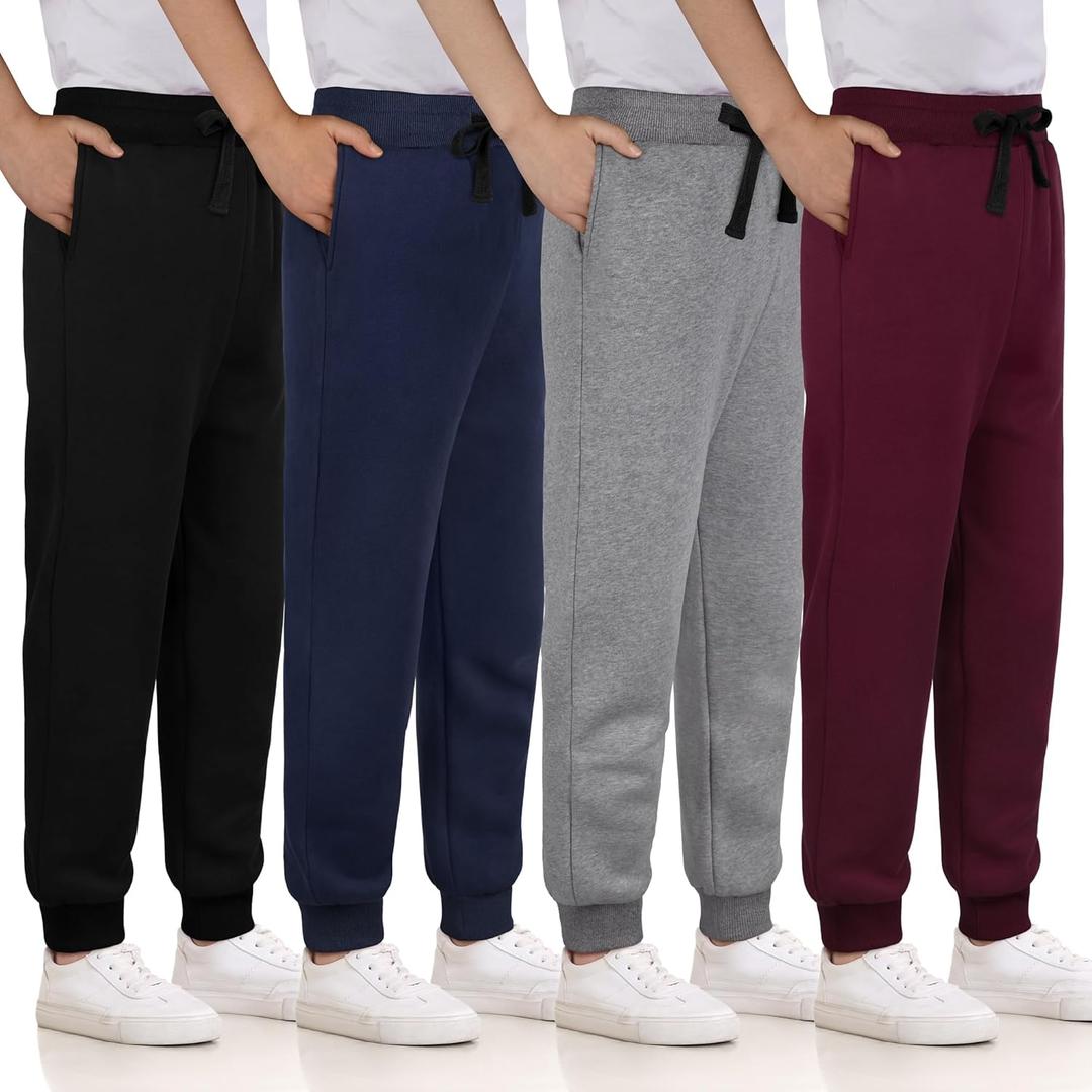 4 Pack Boys Sweatpants Cotton Fleece Lined Boys Athletic Joggers, Active Sweat Pants with Pockets Drawstring for Kids Youth (Large, Black, Navy Blue, Gray, Burgundy)