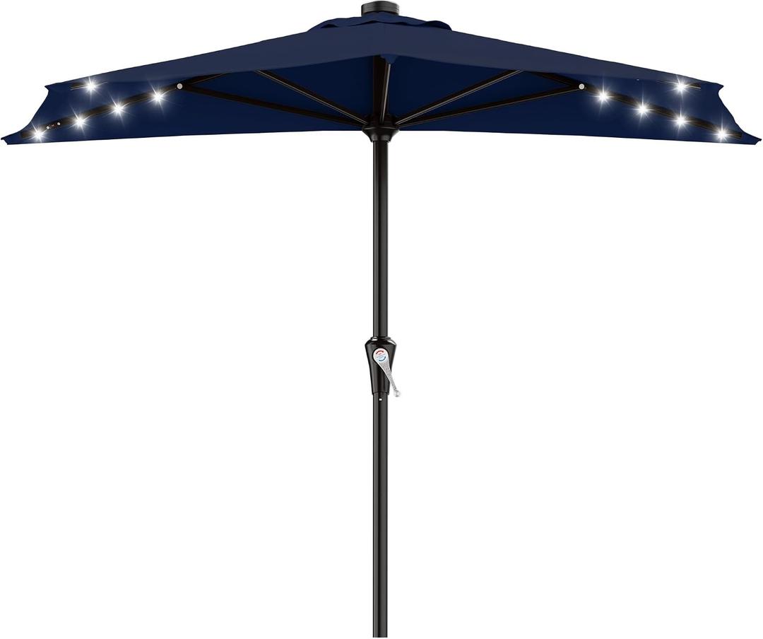AreShark 9ft Patio Half Umbrellas with Solar Lights, 1/2 LED Half Outdoor Umbrella w/ 20 LED Lights, Lighted Table Wall Umbrella with Crank & 5 Sturdy Ribs for Market, Pool, Deck, Lawn and Garden, Navy
