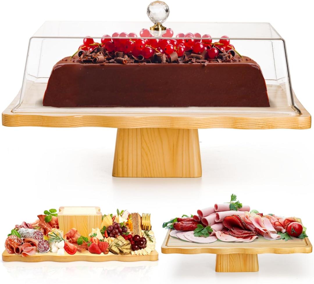 Wood Cake Stand with Lid, 2-in-1 Multifunctional Serving Platter, Rectangular Cake Holder with Acrylic Cover, Footed Cake Plate, Dessert Display Tray for Fruit, Veggie, Salad, Donut, Party