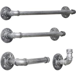 HouseAid 4-Pieces Industrial Pipe Towel Holder Set, Rustic Steel Towel Rack Kit, Farmhouse Vintage Style Towel Bar Accessories for Bathroom, Wall Mounted, Antique Silver