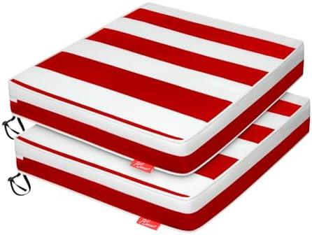Pcinfuns Outdoor Chair Cushion 22 x 22 Inch Seat Cushions for Patio Furniture Garden Sofa Couch Chair Pads with Adjustable Straps Set of 2, Red White