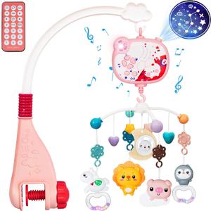 Baby Mobile for Crib with Music and Night Lights,Hanging Crib Mobile for Bassinet with Rotation,Projection,Remote Control,Babies Crib Toys for Nursery Newborn Infant Boys Girls (Pink)