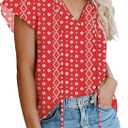 Dokotoo Women's Casual Boho Floral Printed V Neck Tops Drawstring Short Long Sleeve T Shirt Blouses (Red, L)