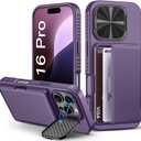 BXYJY for iPhone 16 Pro Case with Camera Cover Stand, Builtin Credit Card Holder (45 Cards), Innovative Kickstand, Heavy Duty Women Men Protective Wallet Case for iPhone 16 Pro, Dark Purple
