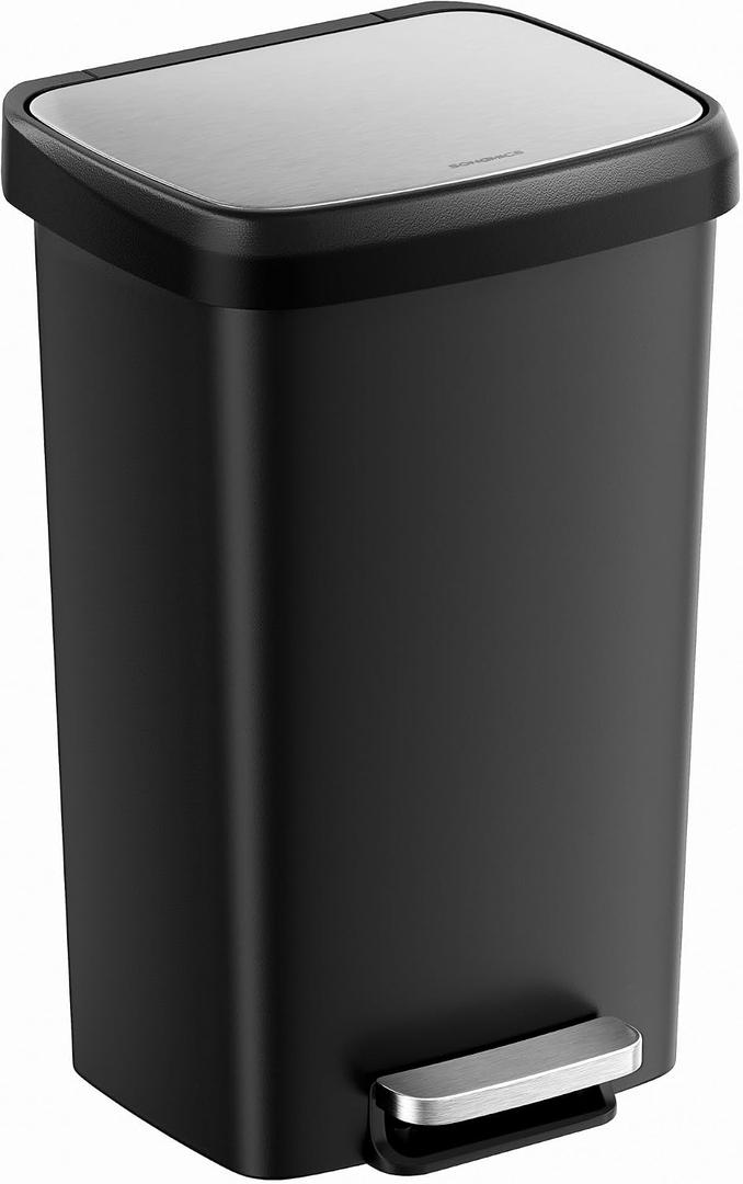 SONGMICS Plastic Kitchen Trash Can, 12-Gallon (45 L) Garbage Can with Stainless Steel Lid, Soft Close, Pedal Waste Bin with Wheels and Rear Handle, Ink Black ULTB533B01