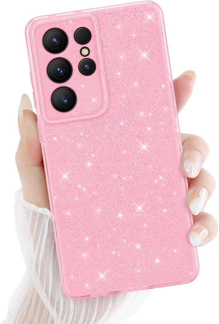 for Samsung Galaxy S21 Ultra 5G Case, Cute Luxury Sparkle Bling Glitter Case for Women Girls Soft TPU Bumper Anti-Scratch Shockproof Protective Case Cover for Samsung Galaxy S21 Ultra-Pink