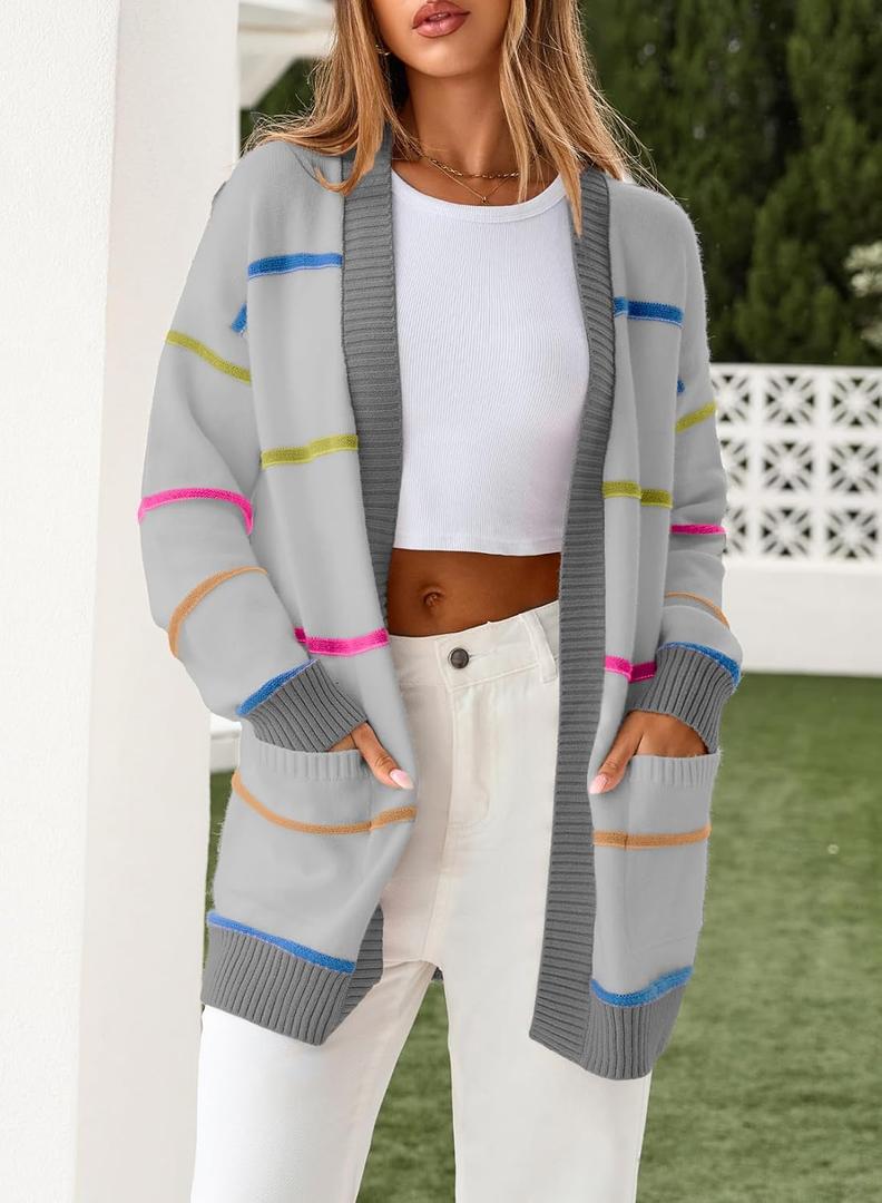 Sidefeel Cardigan Sweaters for Women Lightweight Striped 2025 Long Sleeve Open Front Loose Knit Sweaters Clothes (Gray)