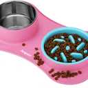 Anipaw Slow Feeder Dog Bowls 3 in 1 Stainless Steel Dog Food and Water Bowls with Non-Spill Non-Skid Silicone Mat to Slow Down Eating for Large Medium Small Breed Size Dogs and Cats (Pink)