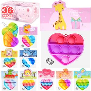 36 Pack Valentines Day Gifts for Kids - Prefilled Valentines Day Heart Pop Keychain, Valentines Day Cards Bulk for Toddlers Kids School Classroom Exchange