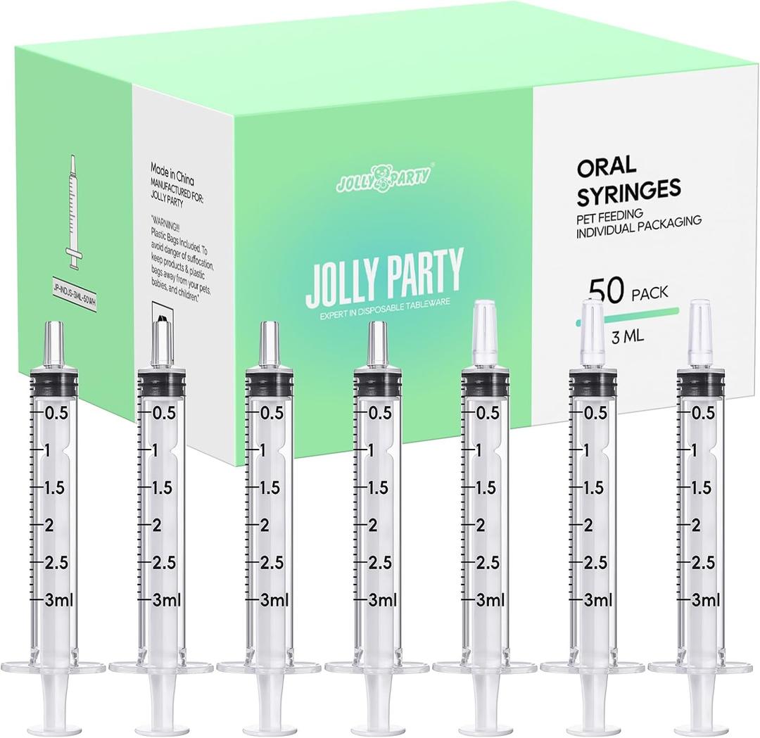JOLLY PARTY 50 Pack 3ml Syringes with Caps, 3cc Syringe Needleless, Small Oral Syringe with Tip Cap Individually Wrapped for Scientific Labs, Liquid Measuring, Pet Feeding, Oil & Glue Dispenser