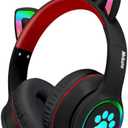 Mokata Headphones Cat Ear Wireless Bluetooth 5.3 60H Over Ear, 8H with Led Light Foldable Music Gaming Headset with Aux 3.5mm Mic for Game TV Pad Tablet Laptop Cellphone, Black