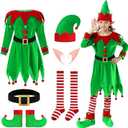 Christmas Elf Costume for Boys - 6PCS Santa's Helper Costume - Velvet Elf Outfit Set for Kids Christmas Party (Medium(8-10 Years))