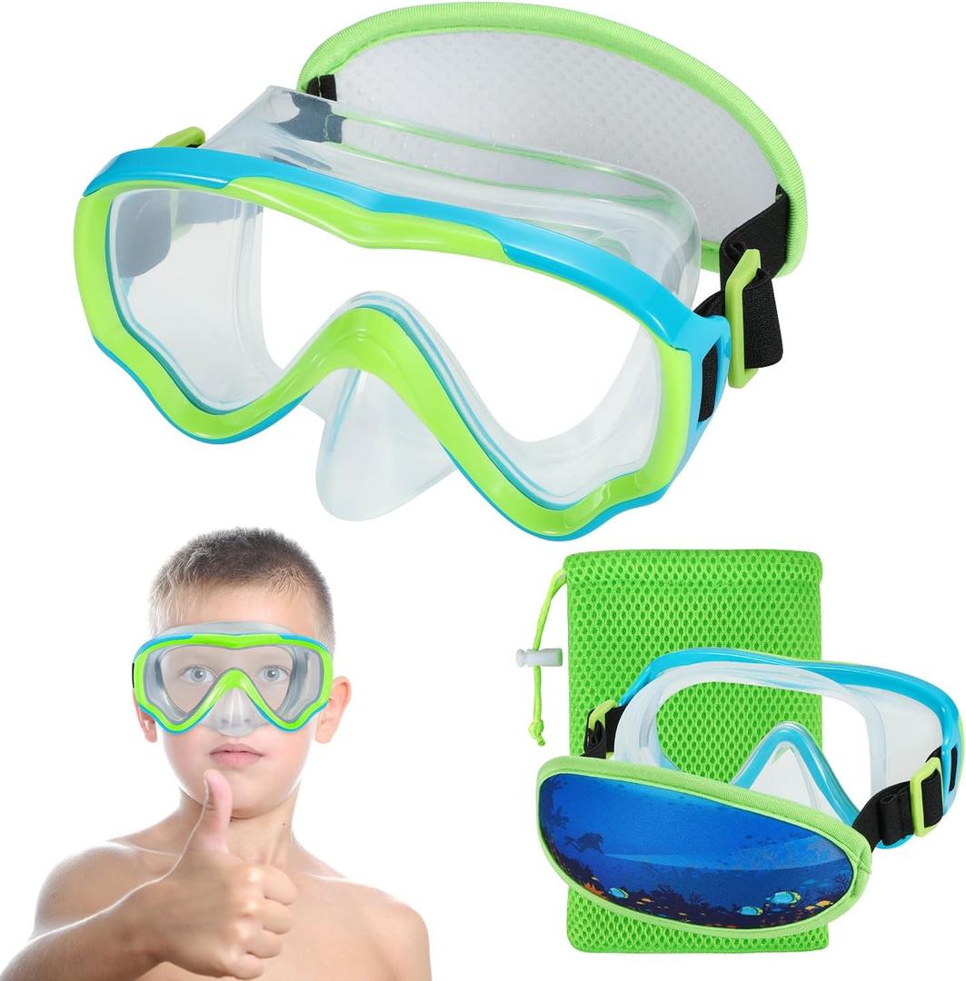 Swim Goggles Kids 6-14, Diving Mask No Tangle StrapWater Goggles Nose Cover for JR / Youth (1PK - Blue & Green)