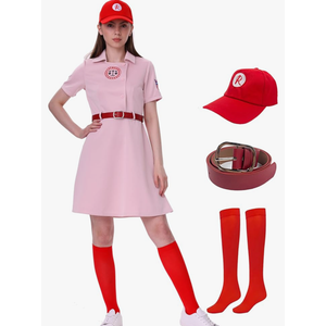Women's Baseball League Costume Dottie Costume Pink Dress Halloween Cosplay Uniform Set, Size XL