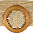 SANSTHS Womens Wide Elastic Belt, Boho Straw Braided Belt for Dresses Jeans Coats with Square Buckle (S:Fit waist size below 26 inch, Khaki(wooden Buckle))