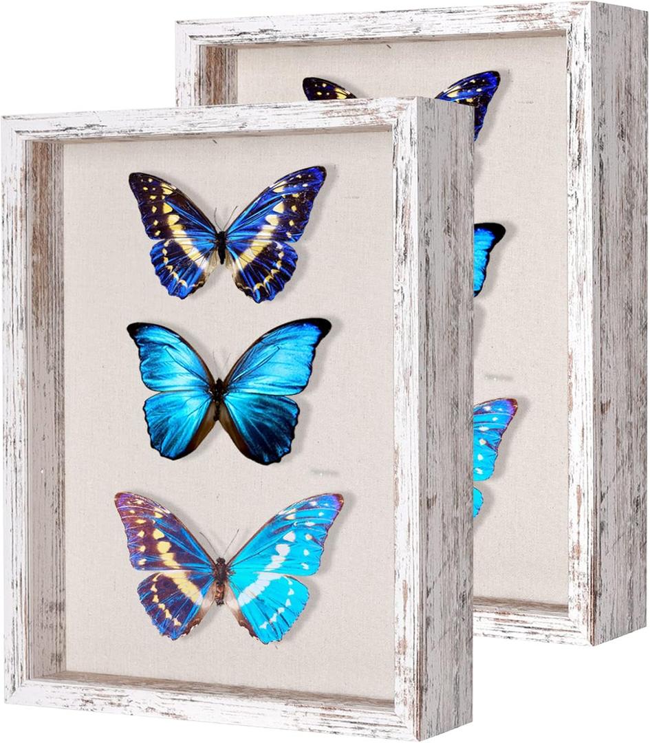 2 Packs 11x14 Shadow Box Frame with Linen Back - Sturdy Rustic Memory Display Case of Flower, Pictures, Medals and More, Distressed White