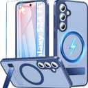 Hensinple for Samsung Galaxy S24 FE Case with Glass Screen Protector& Built in Stand, Military Shockproof Rugged Heavy Duty Protection Slim Matte Transparent Cover Phone Case for Galaxy S24 FE(Blue)