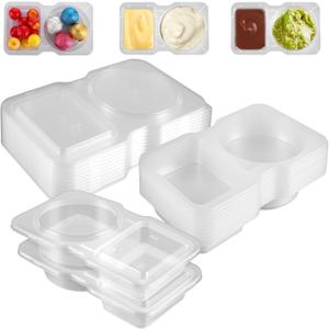 MAQUITA 50 Sets Condiment Container with Lid, Disposable Double Compartment Plastic Container for Sauce Snack