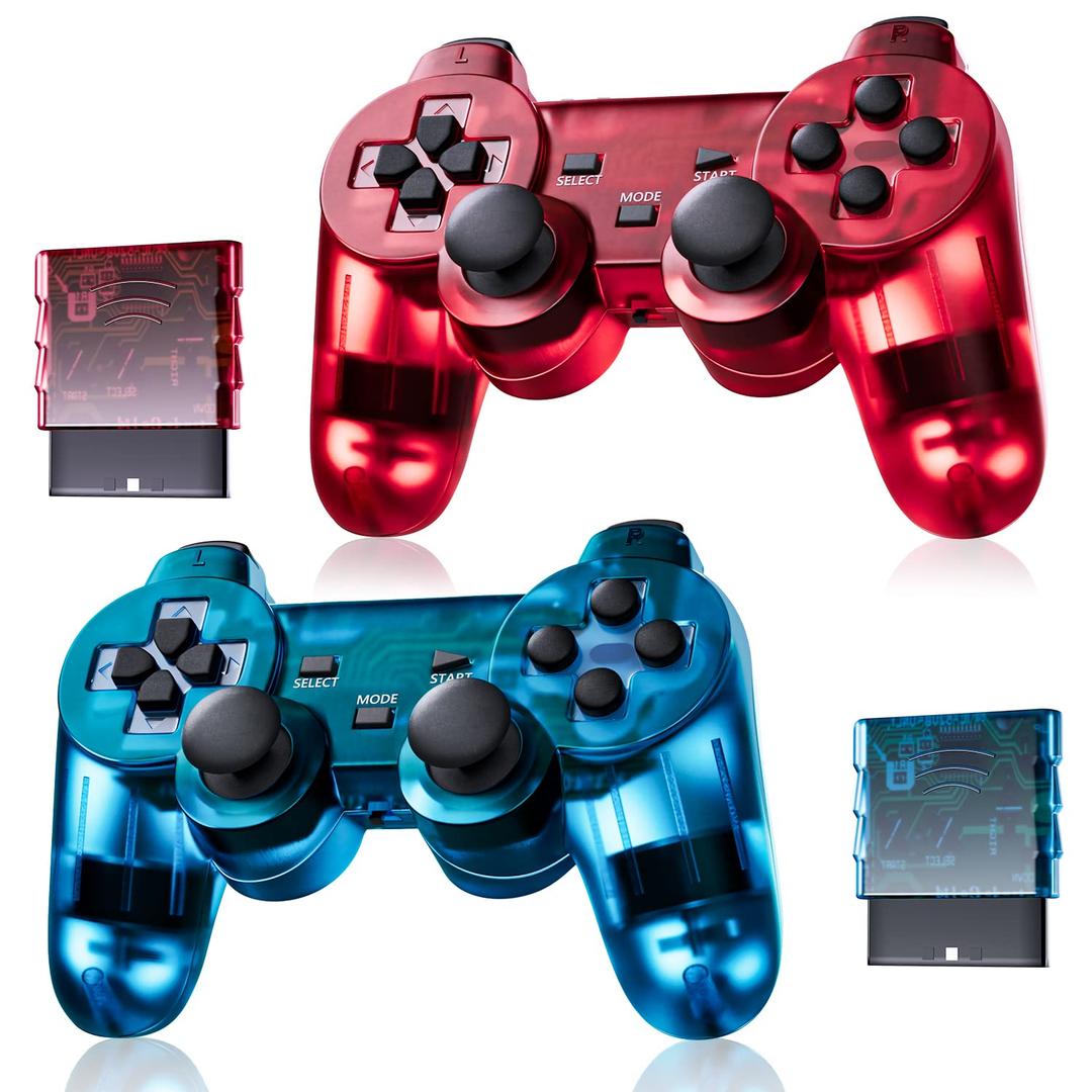 Burcica Wireless Controller for PS-2 Play 2 Double Vibration 2 - ClearBlue and ClearRed