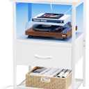 Fixwal Night Stand with Charging Station, LED Nightstand with Fabric Drawers, End Table with PU Finish, Bed Side Table, White (23.5"H (1 drawer))