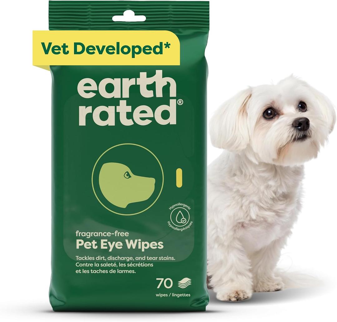 Earth Rated Vet-Developed Pet Eye Wipes, Hypoallergenic Cleaner for Dogs & Cats Eyes to Remove Dirt & Discharge, Fragrance Free, 70 Count (Unscented)