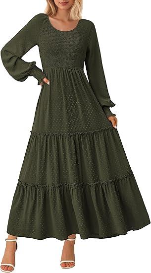 PRETTYGARDEN Women's Smocked Maxi Dress 2025 Fall Casual Long Sleeve Swiss Dot Ruffle Long Flowy Wedding Guest Dresses (Solid Army Green, Medium)