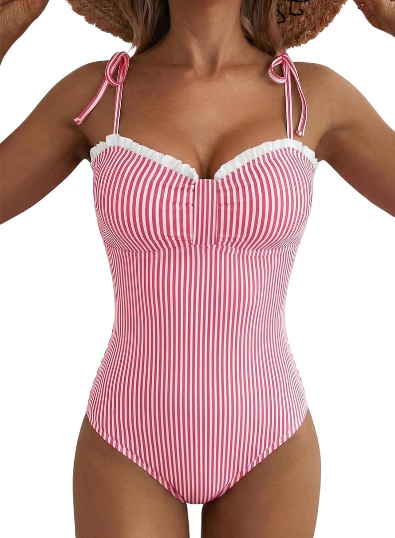 Herseas Women’s Striped One Piece Swimsuits Tie Shoulder High Cut Tummy Control Bathing Suit 2026 Summer Beach Swimwear,Large