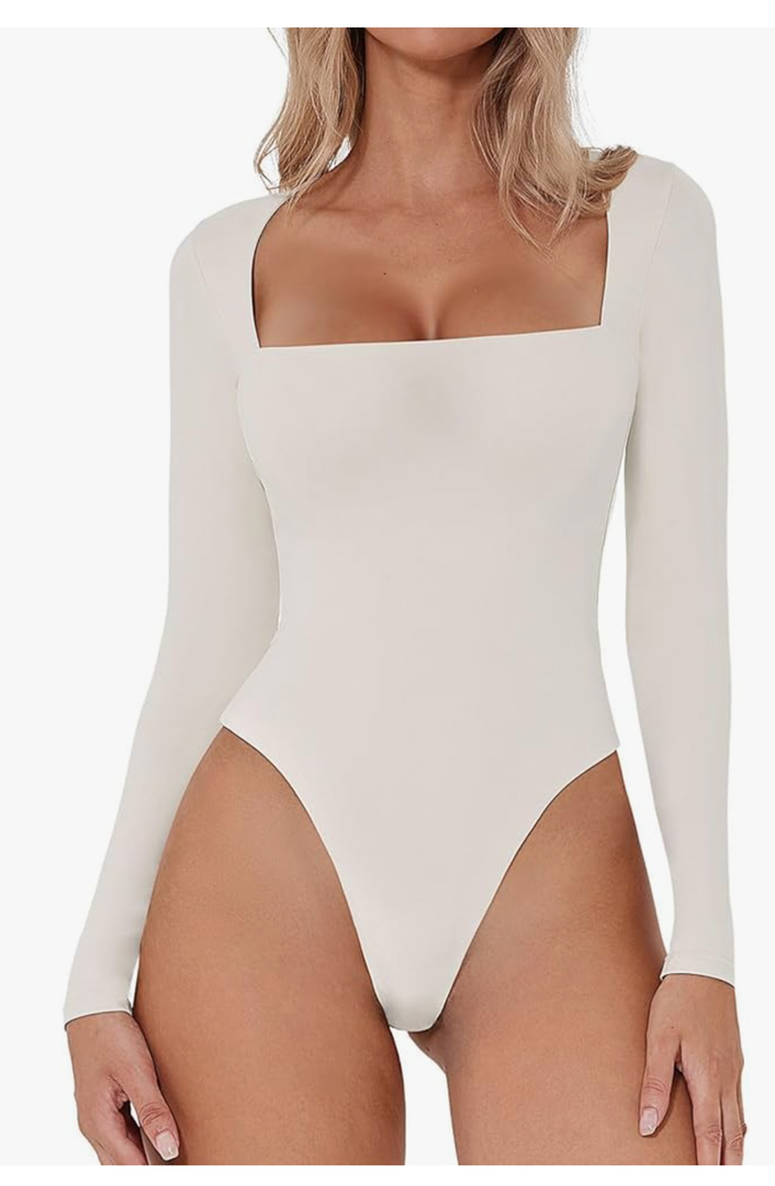 QINSEN Women's Sexy Square Neck Bodysuit Long Sleeve Double Lined Shirt Tops Biege, Extra Large, White