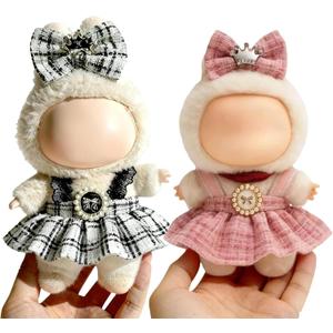2 x (2 Pack) Clothes for LABUBU 17cm Doll (NO Dolls), Black Plaid Outfit & Hot Pink Plaid Dress, Stylish Dress and Hairpin Set, Fashion and Premium Dolls Outfit Accessories for LABUBU