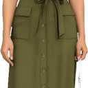 DeftSharp Women's V Neck Workday Dresses Button Down Swing Midi Shirt Dress with Pockets (Green)