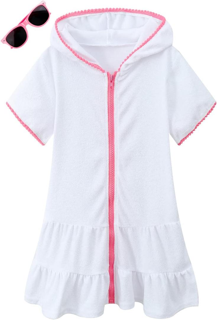 Girls Swim Cover Up Terry Swimsuit Coverup Kids Zip-Up Beach Pool Bathing Suit Wraps with Sunglasses (White, M)