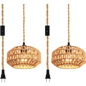 2 Pack Plug in Pendant Light Rattan Hanging Lamp with Switch,Mini Rattan Boho Semi Flush Mount Ceiling Light,Hand Woven Hallway Light Fixtures for Bedroom Entryway