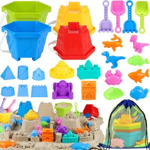 HUUIDY Beach Toys for Kids, Sand Toys with 4 Sand Buckets and Shovels for Kids, Sand Castle Building Kit with Mesh Bag & Molds, Travel Beach Essentials Sandbox Toys for Toddlers Boys Girls Age 4-12