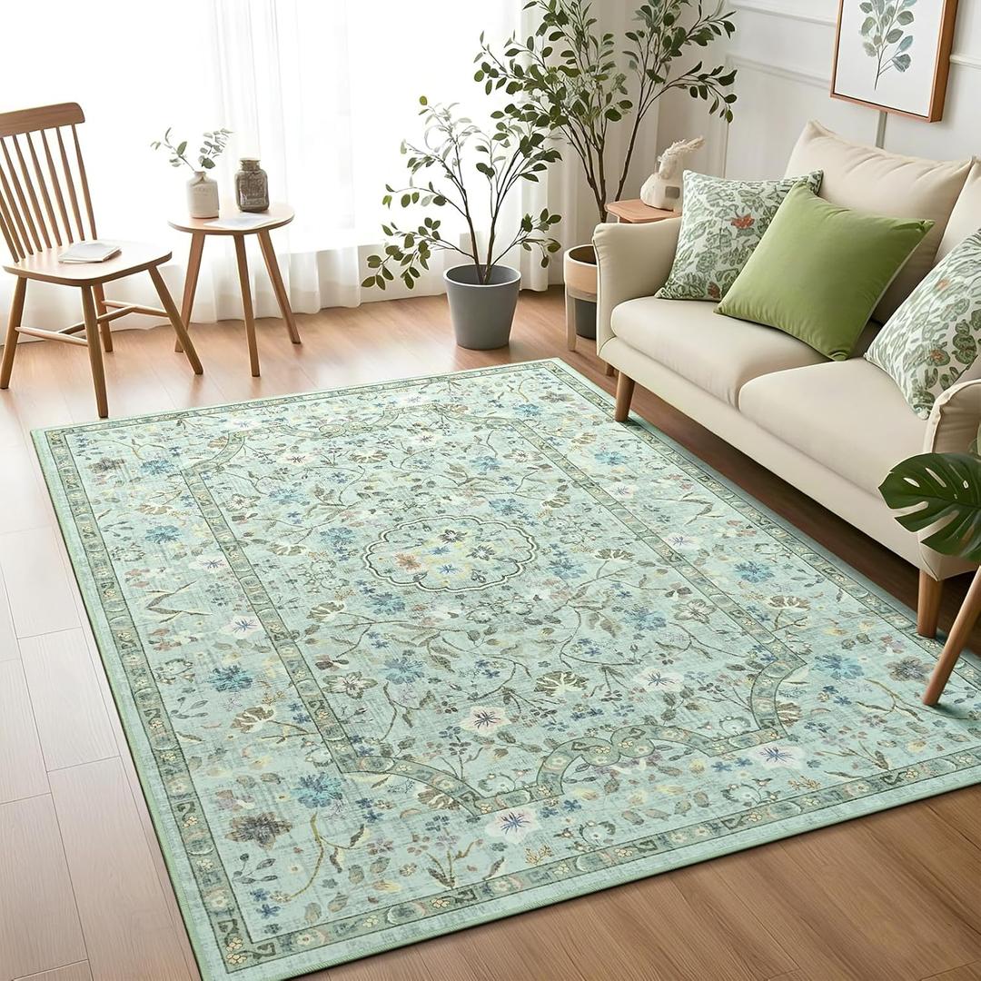 Vasofe 3x5 Area Rug for Bedroom, Washable Rugs for Living Room, Laundry, Kitchen, Vintage Floral Indoor Non Slip Carpet Farmhouse Green Throw Carpets Soft Low Pile Mat for Dorm Bedside Entryway Office