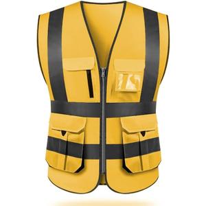 High visibility reflective safety vest multi pockets Hi-vis vest workwear safety waistcoat with reflective strips (Yellow, XXXL)