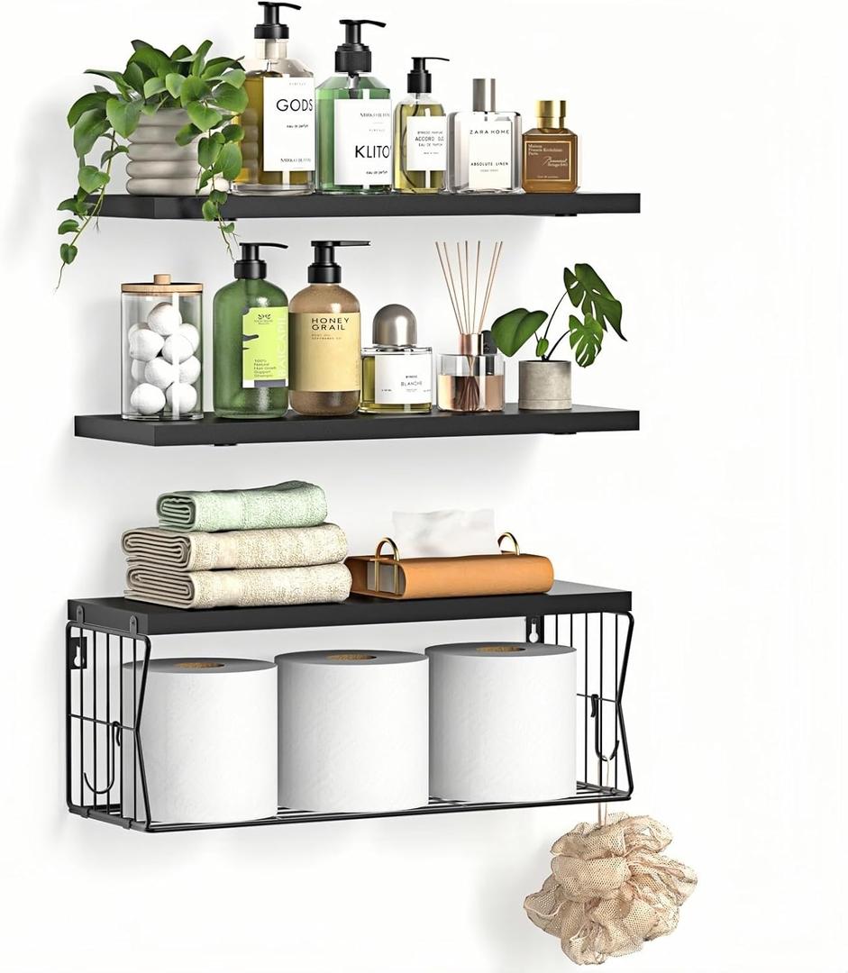 Floating Bathroom Shelves Wall Mounted - Wooden Shelf Set of 3 for Over Toilet Storage & Modern Bathroom Decor - Perfect Wall Shelving Organizer for Apartments RVs Powder Rooms Restroom - Black (15.7")