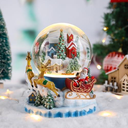 Christmas Snow Globe Santa Reindeer Snow Globe with 8 Songs Color Changing Santa Claus Sleigh Swirling Glitter Water Globe Musical Box for Christmas Home Décor