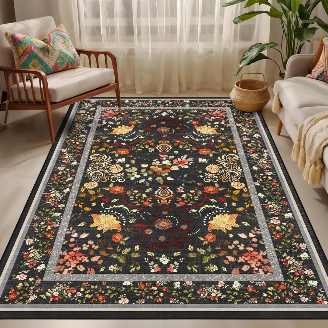3x5 Black Grey Floral Washable Rugs for Living Room - Vintage Floral Rug for Bedroom Kids Room, Vintage Boho Home Decor Non Slip Carpet (Multi 36)