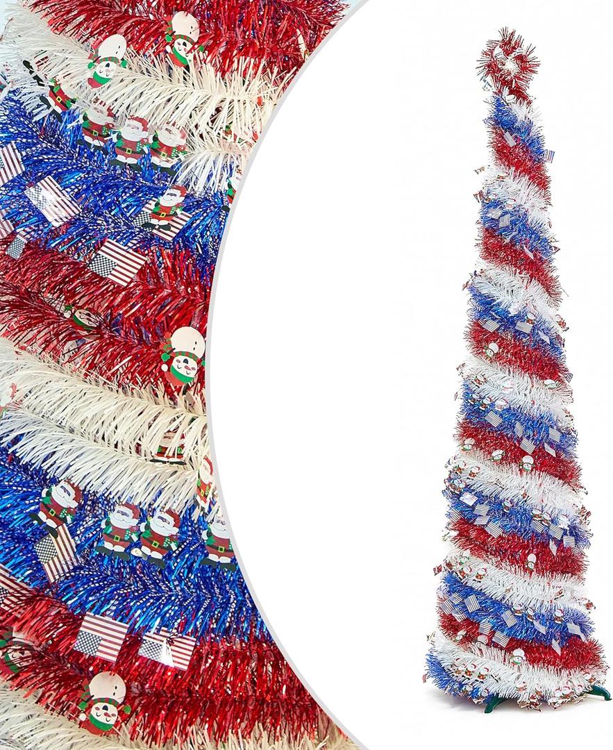 6 FT Pop Up Christmas Tree, Patriotic Collapsible Pencil Tinsel Trees for Holiday Decorations